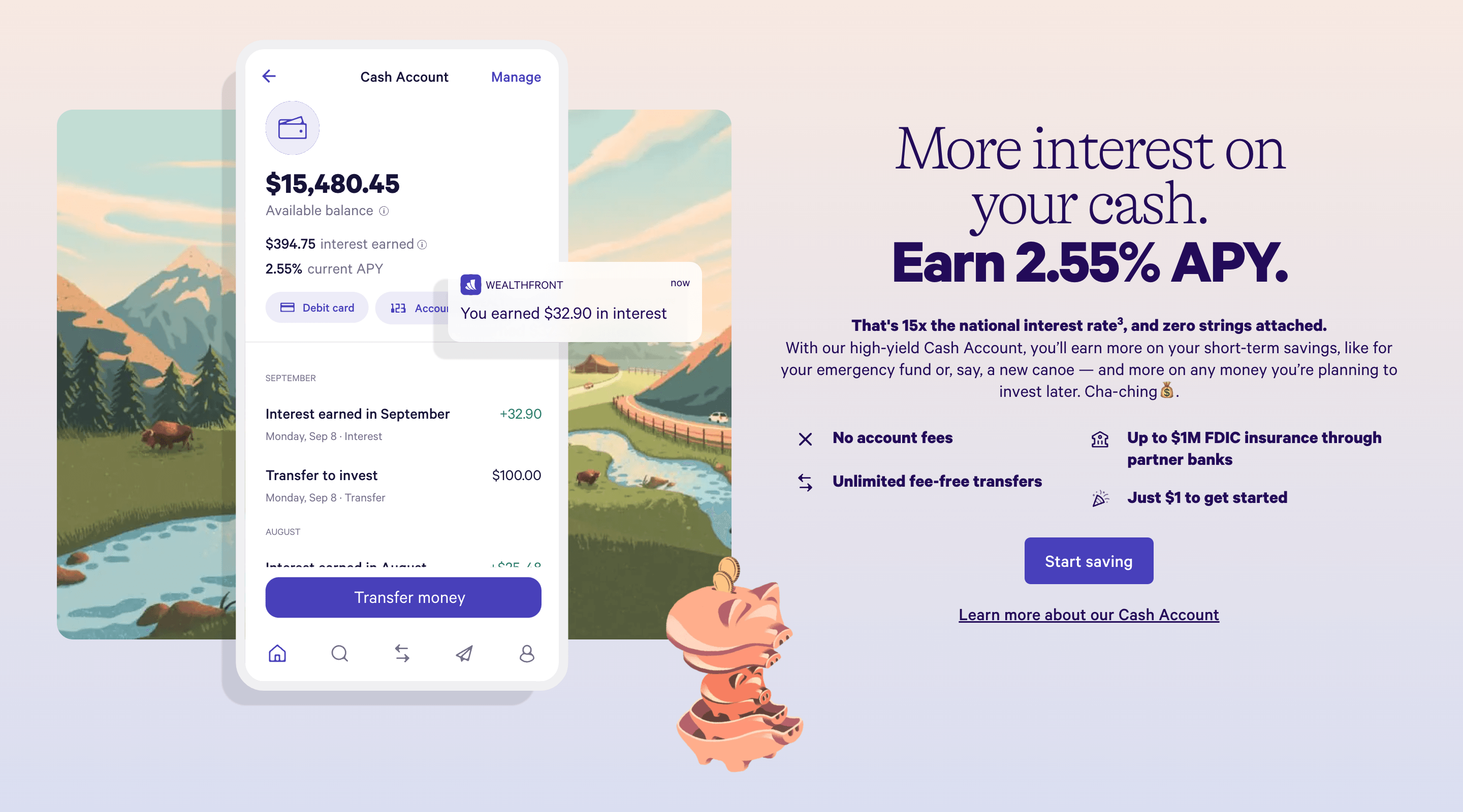 Screenshot of the Wealthfront website. On the left side of the screen is a screenshot of the Wealthfront mobile app. On the right is some information text and a list of features, followed by a 'Start saving' call-to-action button.